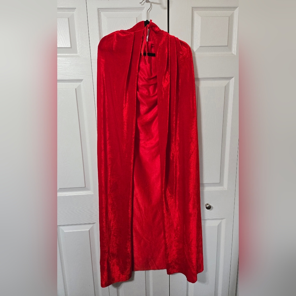 Red Hooded Long Velvet Cape, Ties At Neck, New Without Tags